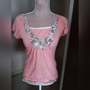 Y2K ~ Pastel Peach Floral Square Neck Ruffle Hem Top S